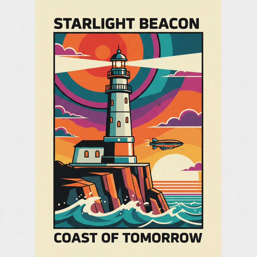 A vibrant retro-futuristic poster of a lighthouse on a cliff at sunset, bold orange and teal, clean geometric shapes