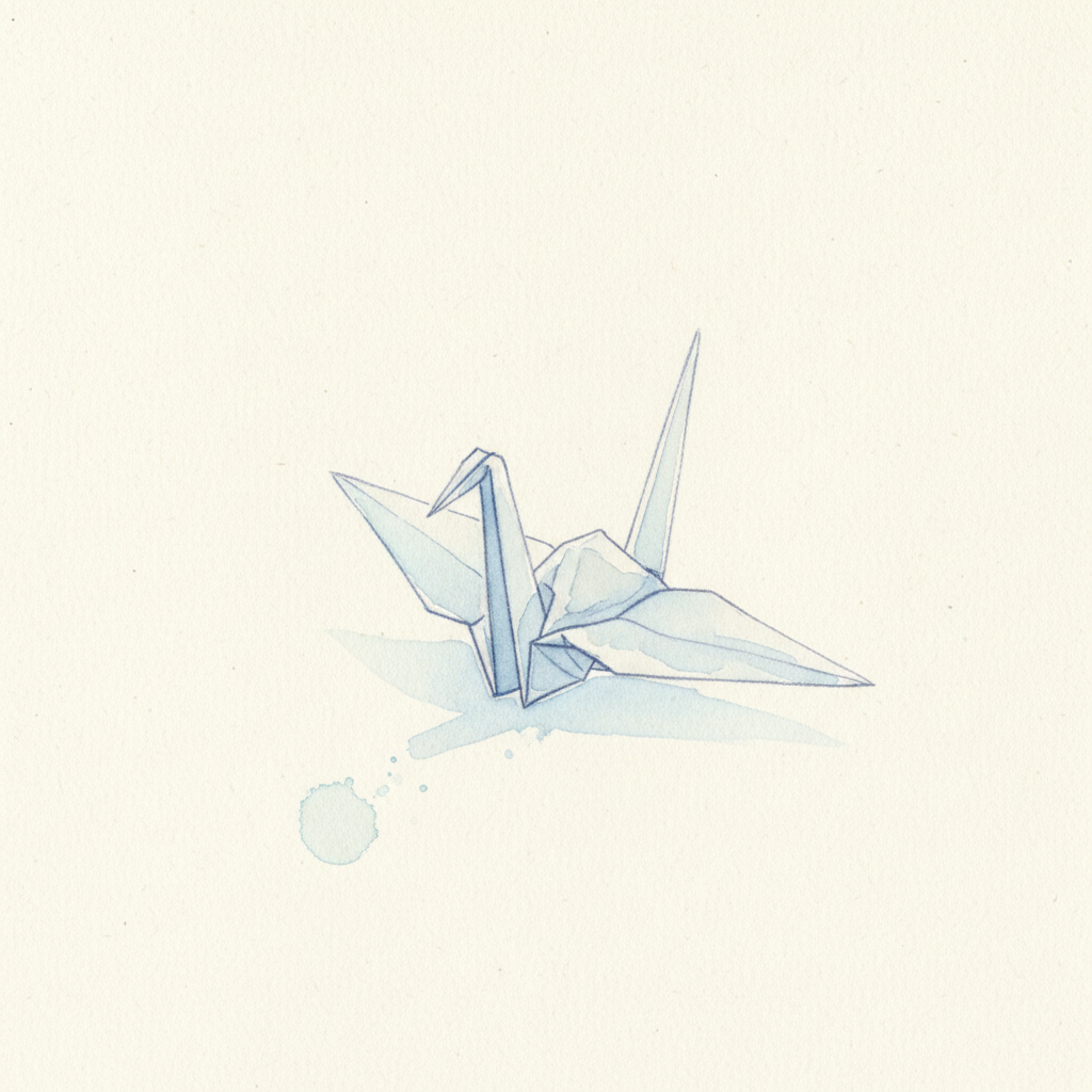 A serene minimalist watercolor of a single origami crane on soft cream paper, lots of negative space